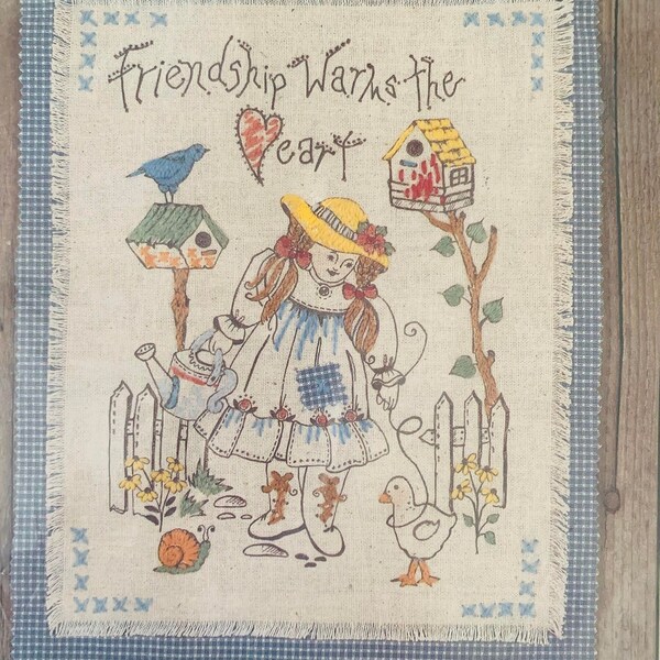 Vintage Candamar Designs Twiglets 8" X 10" Stamped Silk Screen Kit "Friendship Warms the Heart" Embroidery Folkstitch Unique Folksie