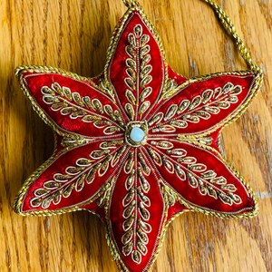 Vintage Red Velvet & Gold Sequence Star Christmas Ornament