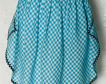 Vintage Blue Gingham Cotton Apron with Black Trim, Med/Large