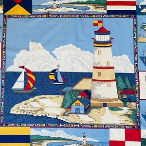 Vintage Lighthouse Nautical Ocean Sea 35&quot; x 45&quot; Cotton Quilting Crafting Blanket Fabric Panel