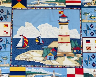 Vintage Lighthouse Nautical Ocean Sea 35" x 45" Cotton Quilting Crafting Blanket Fabric Panel