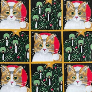 May include: A repeating pattern of nine squares featuring a white cat with orange and brown markings wearing a red Santa hat in front of a green Christmas tree with white candles and red ornaments. The background is black.