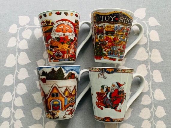 Vintage Lillian Vernon Holiday Ceramic Mugs, Needlepoint Christmas Scenes, Set of 4