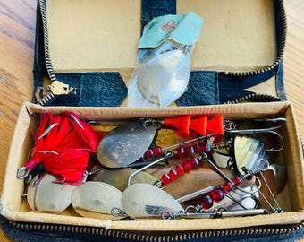 Vintage Fishing Lure Collection, Metal Flashers, Red Feather Hooks with Leather Case