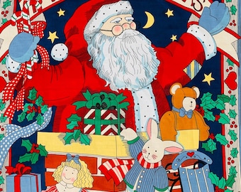 May include: A red and white Christmas stocking with a Santa Claus illustration, a teddy bear, a bunny rabbit, and a sled. The stocking has a white border and a red and white striped cuff. The stocking is filled with gifts, including a box with a red bow, a book, and a red ornament. The stocking is hanging on a brick chimney with a red and white striped chimney cap. The background is a dark blue with white stars and the text "Merry Christmas".