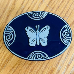 Antique Lucretia Vanderbilt Art Nouveau Cosmetic Dresser Top Mid Night Blue Butterfly Powder Box 1920&#39;s