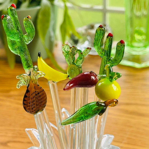 Set of 8 Vintage Extra Large Glass Southwest Beverage Stir Swizzle Sticks Cactus Prickly Pear Lemon Banana Pineapple Jalapeno/Chili Peppers