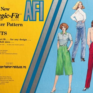 May include: A yellow and blue box with the text "The New Magic-Fit Master Pattern for PANTS" and "AF" in a silver circle. The box also includes the text "Ideal for: Creating your own designs, Using as a basic pattern, To adjust and fit your commercial patterns". The box also includes the text "Contains: "Magic-Fit" Master Pants Pattern, Instruction Manual, how to use the Master Pants Pattern for any adult size, 13 sq ft. grade 1 pattern paper, 1 French Styling Curve". The box also includes the text "designing with DUŠAN". The box also includes three women wearing different pants.