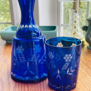Vintage Bohemian Cobalt Blue Cut to Clear Floral Glass Bedside Water Tumble Up Decanter and Matching Glass