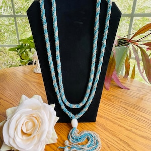 Antique Blue & Silver 1920&#39;s Flapper Art Deco 54&quot; Glass Seed Beaded Sautoir Round Necklace Roaring 20&#39;s