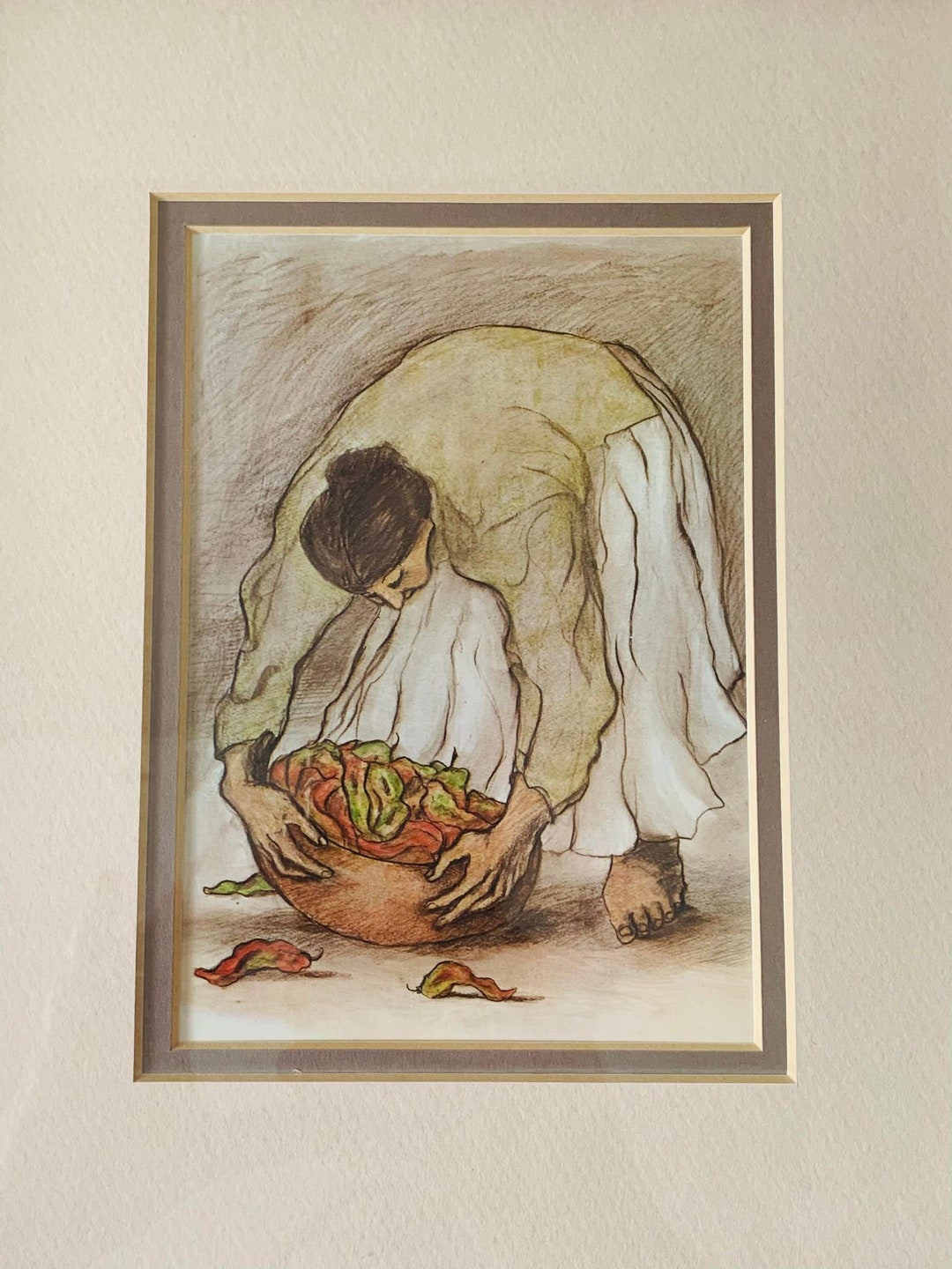 Vintage R.C. Gorman Native American woman With Chili Peppers Navajo