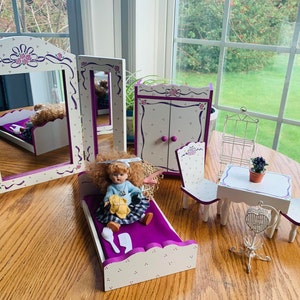 6 Piece Vintage Set of Purple Floral Wood Miniature Doll House Furniture + 5&quot; Vogue Doll + 7 Doll Accessories Heart Bird Cage Pillow Shelf