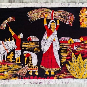 Vintage India Culture People Farming Water Buffalo Landscape Picture 21.5&quot; X 55.5&quot; Fabric Wall Hanging Home Wall Decor Collectible