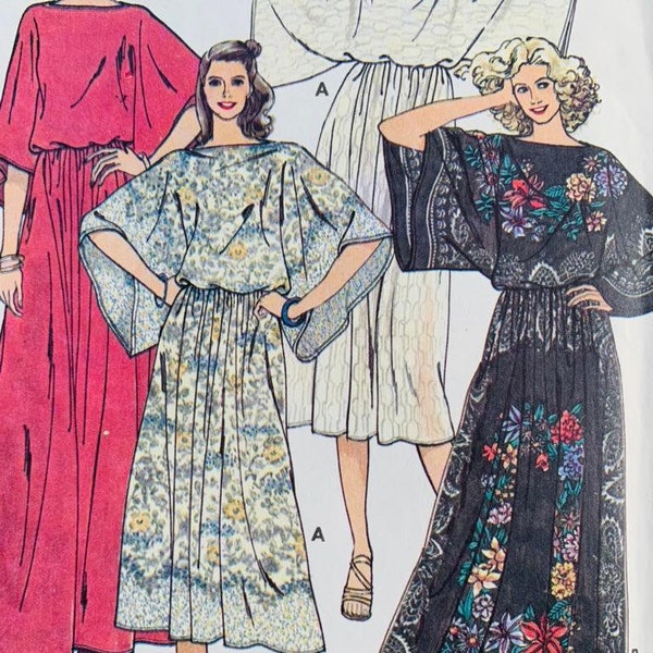 Vintage 1970's Uncut Butterick Sewing Pattern 6194 Women's Size S,M,L Bohemian Boho Batwing Sleeve Top and Long or Short Flared Skirt