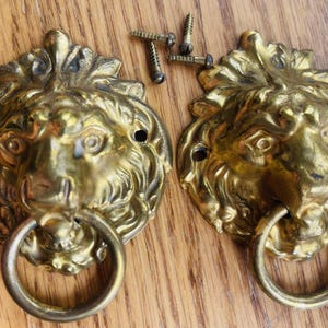 May include: Two gold lion head door pulls with ring handles. The lion heads are detailed with a mane and have a textured finish.