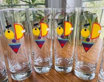 2 Vintage Mid Century Modern Happy Face Art Glass Tumblers