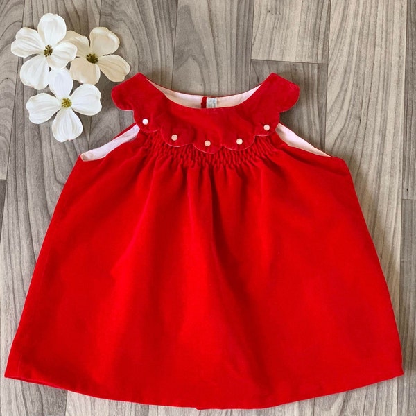 Vintage Toddler Girl's Size 2T (24 months) Red Velvet Chemise Dress Jumper Smocked Scalloped Made in Philippines Christmas Holiday Birthday