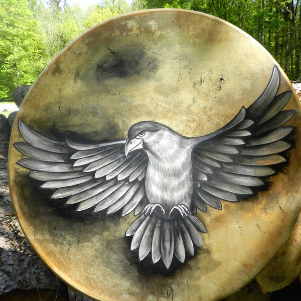 Tambour sur cadre peint à la main, tambour médicinal avec aigle, tambour chamanique, 45 cm de diamètre, tambour sur cadre, tambour sur cadre peau naturelle