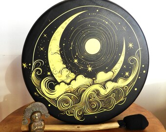 Vegan frame drum with mallet, outdoor travel drum, 40 cm diameter, moon drum, weatherproof frame drum, also available in solid colors