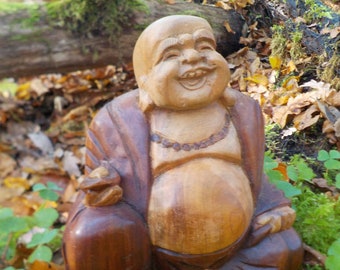 Bouddha heureux, sculpté à la main, Bouddha riant, Bouddha gras en bois