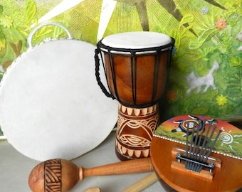 Trommel und Rassel-Set für Groß und Klein, Percussions-Set, Kleinpercussion, Rasseln,Naturinstrumente, Geschenkset Instrumente, Musikgarten