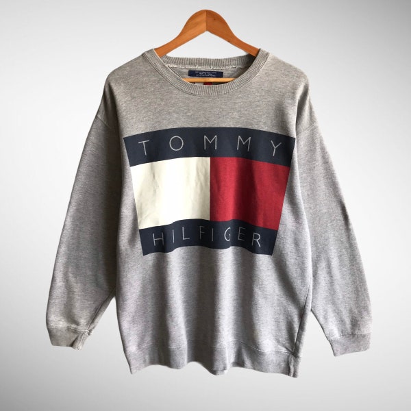 Vintage jaren '90 Tommy Hilfiger Vlag Grijs Sweatshirt Medium Tommy Hilfiger Crewneck Tommy Hilfiger Trui Pullover Tommy Hilfiger Print Logo