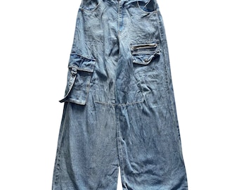 Vintage Y2K Japanese Brand Ray Cassin Lightblue Ballon Baggy Parachute Cargo Jeans w26 Japanese Tactical Utility Military Wide Loose Pants
