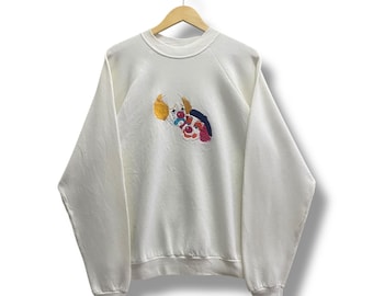 Sudadera blanca de payaso vintage de los 90, extragrande, con cuello redondo y estampado de payaso, estilo urbano, con logotipo bordado de payaso.