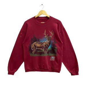 Vintage 90&#39;s Deer Red Sweatshirt MEDIUM Wildlife Deer Crewneck Tailed Deer Sweater Animal White Tail Deer Hunting Habitat Print Logo Jumper