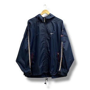 Vintage 90-tals Nike Swoosh Marinblå Windbreaker Hoodie STOR Nike Center Dragkedja Jacka Nike Swoosh Puffer Hoodie Jacka Broderad Logotyp Hoodie