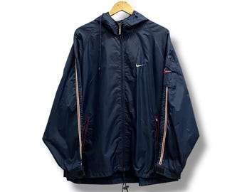 Vintage 90's Nike Swoosh Navy Windbreaker Hoodie LARGE Nike Center Zipper Jacket Nike Swoosh Puffer Hoodie Jacket Embroidered Logo Hoodie