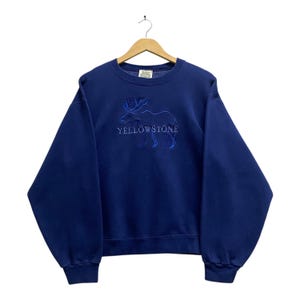 Vintage Y2K Yellow Stone National Park Navy Sweatshirt LARGE Wildlife Deer Crewneck Deer Head Sweater Pullover Embroidered Logo Deer Jumper