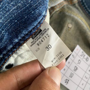 Pu&ograve; includere: Un primo piano di un'etichetta di jeans denim blu con il logo Wrangler e il testo "MADE UNDER LICENSE FROM WRANGLER APPAREL CORPORATION". L'etichetta include anche la taglia "30" e il numero di prodotto "W04712".