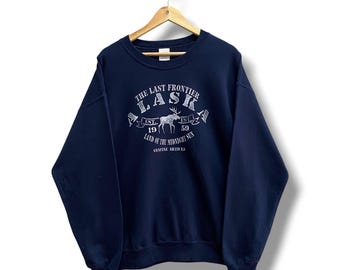 vintage Alaska bleu marine sweat-shirt grand col ras du cou de l'Alaska Streetwear Alaska pull pull pull Alaska Spell Out imprimé logo Alaska