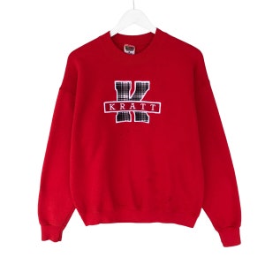 Felpa unisex rossa vintage anni '00 Kraft, taglia grande, girocollo Kraft, maglione streetwear Kraft, pullover con logo ricamato, maglione Kraft con scritta