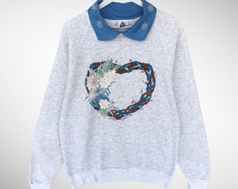 Vintage 90s Flower Crown Grey Sweatshirt Size Large Flower