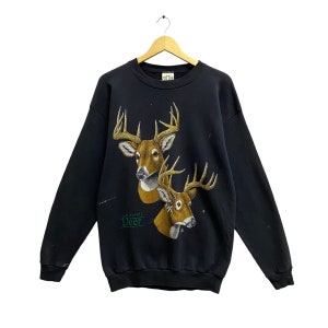 Vintage 90s Whitetail Deer Black Sweatshirt LARGE Wildlife Deer Crewneck Tailed Deer Sweater Animal Whitetail Deer Hunting Print Logo Jumper