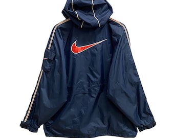 Vintage Nike Swoosh Navy Unisex Windbreaker Hoodie Large Nike Center Zipper Front Nike Swoosh Puffer Hoodie Jacket Embroidered Logo Jumper