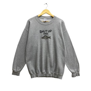 Vintage Cállate Pescado Gris Sudadera Tamaño Grande Pesca Crewneck Pesca Suéter Jersey Pescado Deletrear Logotipo Bordado Habitat Jumper