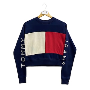 Vintage Tommy Jeans Colour Block Croptop Women XS Tommy Jeans Crewneck Tommy Jeans Sweater Pullover Spell Out Embroidered Logo Tommy Jumper