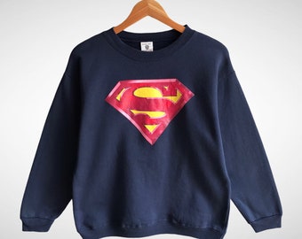 Vintage 90s Superman Sweatshirt Superman Crewneck DC Comics Suoerman Sweater Pullover Superman Cartoon Print Logo Navy Kids Xlarge