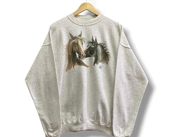 Vintage 90er Jahre Wildtiere Graues Sweatshirt MEDIUM Pferdekopf Rundhals Pferdekopf Pullover Pullover Streetwear Print Logo Pferdekopf Pullover