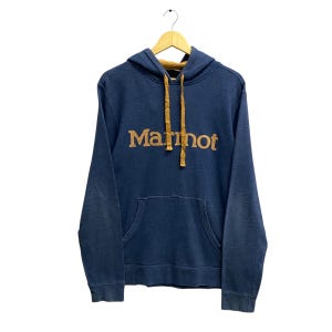 Vintage Marmot Unisex Blue Hoodie Medium Marmot Crewneck Marmot Sweater Pullover Spell Out Print Logo Marmot Outdoor Jumper