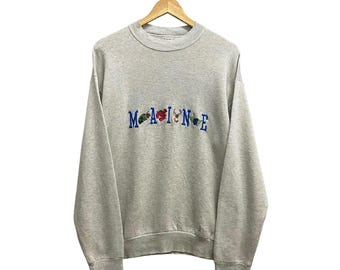 Vintage 90s Maine Grey Sweatshirt Large Crewneck Sweater Pullover Cadillac Mountain Acadia National Park Grizzly Embroidered Logo Jumper