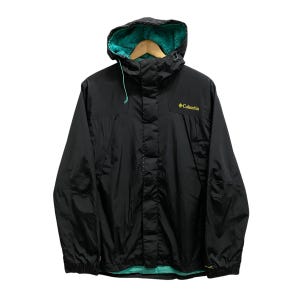 May include: Black Columbia jacket with a teal fleece lining and a yellow logo. The jacket has a hood and zipper closure.