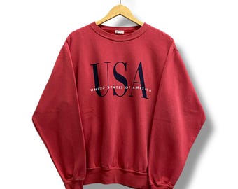 Vintage Y2K United State Of American Red Sweatshirt MEDIUM United State Crewneck United State Sweater Pullover Spell Out Print Logo Jumper