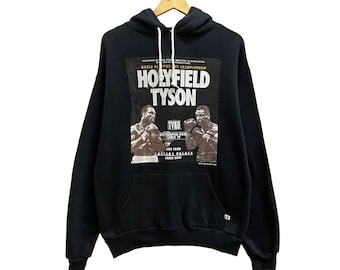 Vintage Majestic Holyfield Vs Tyson World Heavyweight Championship Hoodie Sweatshirt Black Large Mike Tyson Vs Evander Hollyfield Print Logo