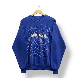 Vintage Morning Sun Blue Sweatshirt LARGE Bird House Crewneck Snowflake Sweater Pullover Habitat Animal Bird Print Logo Morning Sun Jumper