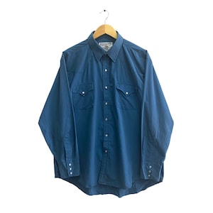 Vintage 00s Ely Western Blue Colour Western Shirt Plain Size XLarge Ely Western Pearl Snap Button Ely Western Long Sleeve Western Shirt