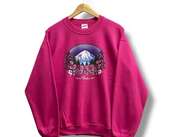 Sweat-shirt vintage Alaska An2K rose col rond avec motif montagne et floral Nature douce, cadeau esthétique pour les amateurs d'extérieur et de fleurs, taille M